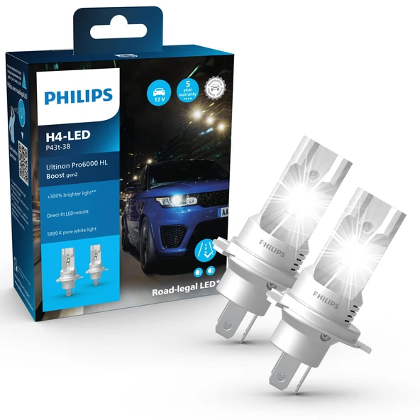 Philips Ultinon Pro6000 Boost gen2 Sokak onaylı*, +%300 daha parlak ışık** ile doğrudan takılan H4-LED far ampulü ürün görseli 1
