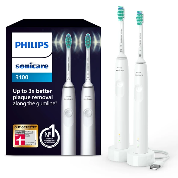 Philips Sonicare 3100 elektrikli diş fırçası, sonik diş fırçası, basınç kontrolü ve zamanlayıcı, beyaz, ikili paket, model HX3675/13 ürün görseli 1