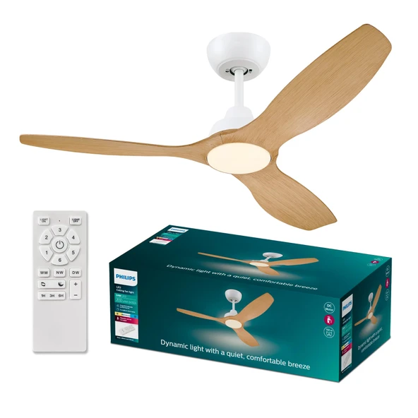 Philips Sabit Kanatlı Tavan Vantilatörü, 3 Kanatlı, Büyük (52"), 28W LED Işık, DC Motor, Renk Sıcaklığı Aralığı (3000K, 4300K, 6500K), Karartma Fonksiyonlu, Beyaz/Ahşap, Uzaktan Kumanda Dahil ürün görseli 1