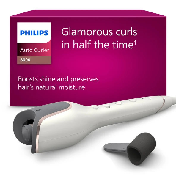 Philips otomatik saç maşası 8000 Serisi, MoistureProtect teknolojili saç kıvırıcı/bukle maşası, 27 farklı şekillendirme seçeneği, beyaz, model BHB878/00 ürün görseli 1