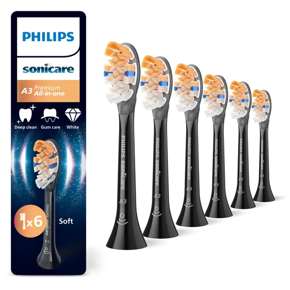 Philips Sonicare A3 Premium Hepsi Bir Arada, Orijinal Yedek Fırça Başlıkları, Siyah, 6'lı Paket, HX9096/88 ürün görseli 1