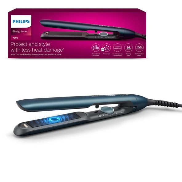 Philips 7000 Serisi saç düzleştirici, ThermoShield teknolojisi, iyonizasyon işlevi, argan yağlı seramik plakalar, mavi-yeşil metalik, model BHS732/00 ürün görseli 1