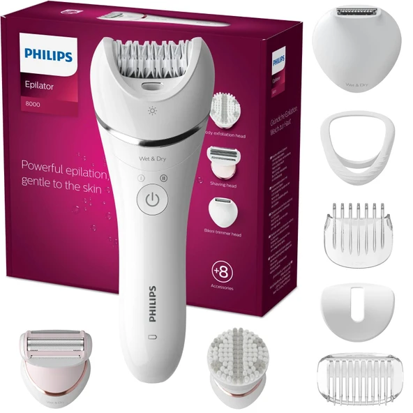 Philips Epilatör Serisi 8000, Bacaklar ve Vücut için Kablosuz Islak ve Kuru Epilatör, Tüy Alma Cihazı, 8 Aksesuarlı, Tıraş Makinesi, Uzun Tüy Kesme Makinesi ve Vücut Eksfoliyatörü (BRE735/00) ürün görseli 1