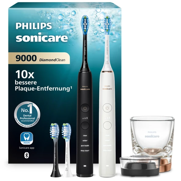 Philips Sonicare DiamondClean 9000 elektrikli diş fırçası, ikili paket, uygulama dahil sonik diş fırçası, basınç sensörü, 4 fırçalama modu, 3 yoğunluk seviyesi, siyah ve pembe altın, model HX9914/61 ürün görseli 1