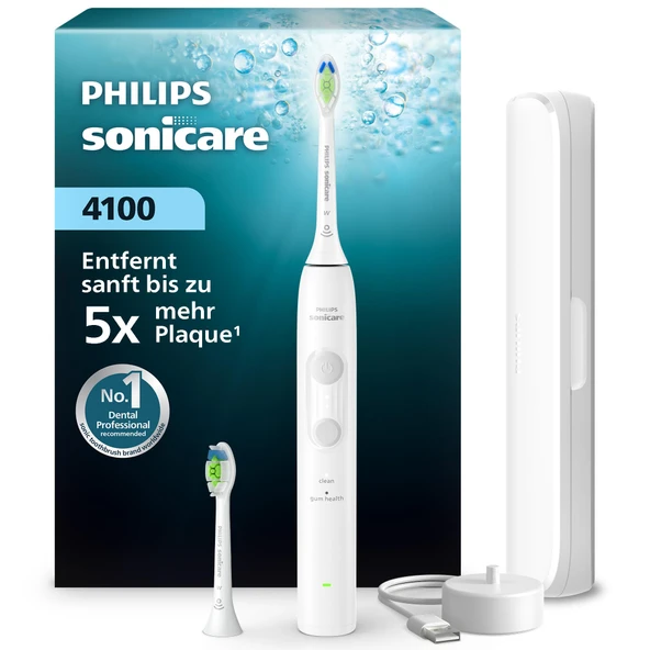 Philips Sonicare Series 4100 Elektrikli Diş Fırçası - Basınç Sensörlü Sonic Diş Fırçası, 4 Fırçalama Ayarı, EasyStart, SmarTimer, 21 Günlük Çalışma Süresi, Seyahat Çantası, Beyaz, HX4044/41, [Yeni] ürün görseli 1
