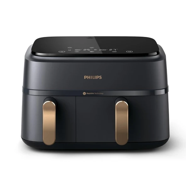Philips Airfryer İkili Sepet 3000 Serisi, 9L, 2 sepet, aynı anda hazır 2 tabak, RapidAir Plus sıcak hava teknolojisi, %90 daha az yağ, enerji tasarruflu, HomeID tarif uygulaması (NA352/00) ürün görseli 1