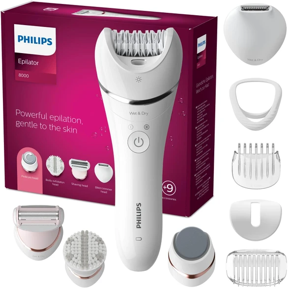 Philips Epilatör Serisi 8000, bacaklar ve vücut için kablosuz ıslak ve kuru epilatör, 9 aksesuarlı, tıraş makinesi, uzun saç kesme makinesi, pedikür ve vücut peeling cihazı, model BRE740/10 ürün görseli 1