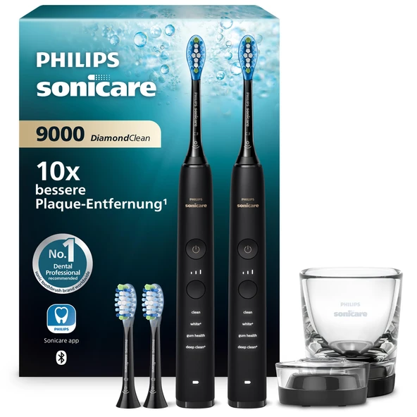Philips Sonicare DiamondClean 9000 elektrikli diş fırçası, ikili paket, uygulamalı sonik diş fırçası, basınç sensörü, 4 fırçalama modu, 3 yoğunluk seviyesi, şarj camı, siyah, model HX9914/63 ürün görseli 1
