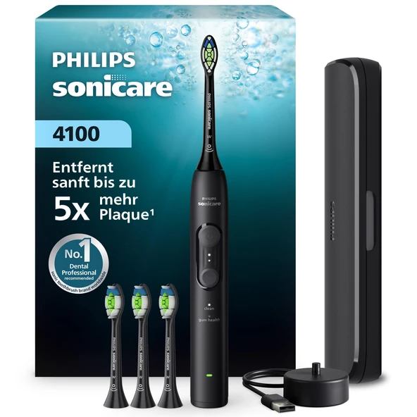 Philips Sonicare Series 4100 Elektrikli Diş Fırçası - Basınç Sensörlü Sonic Diş Fırçası, 4 Fırçalama Ayarı, EasyStart, SmarTimer, 21 Günlük Çalışma Süresi, Seyahat Çantası, Siyah, HX4046/52, [Yeni] ürün görseli 1