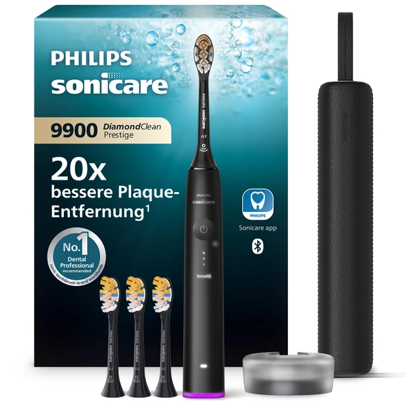 Philips Sonicare DiamondClean 9900 Prestige elektrikli diş fırçası, SenseIQ teknolojisi ve uygulamasıyla, 5 fırçalama modu, 3 yoğunluk seviyesi, seyahat şarj kutusu, siyah, model HX9992/43 ürün görseli 1