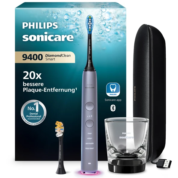 Philips Sonicare DiamondClean Smart 9400 elektrikli diş fırçası, uygulamalı sonik diş fırçası, basınç sensörü, fırça başlığı algılama, 4 fırçalama modu ve 3 yoğunluk seviyesi, gri, model HX9917/90 ürün görseli 1