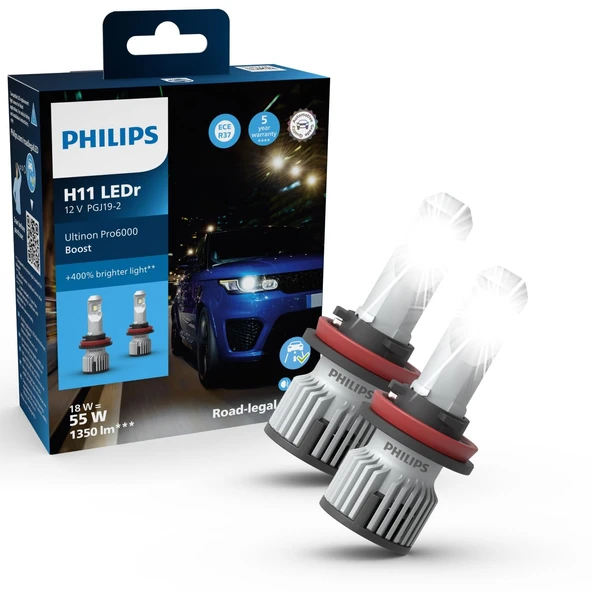 Philips Ultinon Pro6000 Boost H11-LEDr far ampulü, cadde onaylı*, UNECE-R37 onayı ve E işaretli, +%400 daha parlak ışık** ürün görseli 1