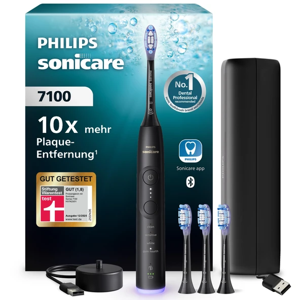 Philips Sonicare 7100 elektrikli diş fırçası, uygulamalı sonic diş fırçası, 4 fırçalama modu ve 3 yoğunluk seviyesi, basınç kontrolü, EasyStart, SmarTimer, siyah, model HX7421/08 [Yeni Teknoloji] ürün görseli 1