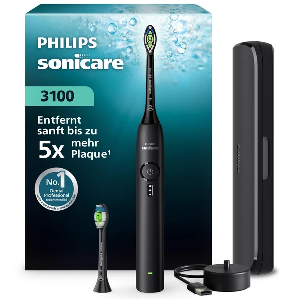 Philips Sonicare Series 3100 Elektrikli Diş Fırçası - Basınç Sensörlü Sonic Diş Fırçası, 3 Yoğunluk Seviyesi, EasyStart, SmarTimer, 14 Gün Çalışma Süresi, Seyahat Çantası, Siyah, HX4034/22, [Yeni] ürün görseli 1