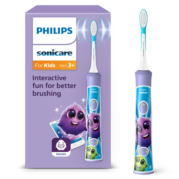 Philips Sonicare For Kids, uygulamalı elektrikli sonik diş fırçası, 3 yaş ve üzeri çocuklar için, kapsamlı temizlik için SmarTimer ve QuadPacer'lı, mor, model HX6322/12 ürün görseli 1