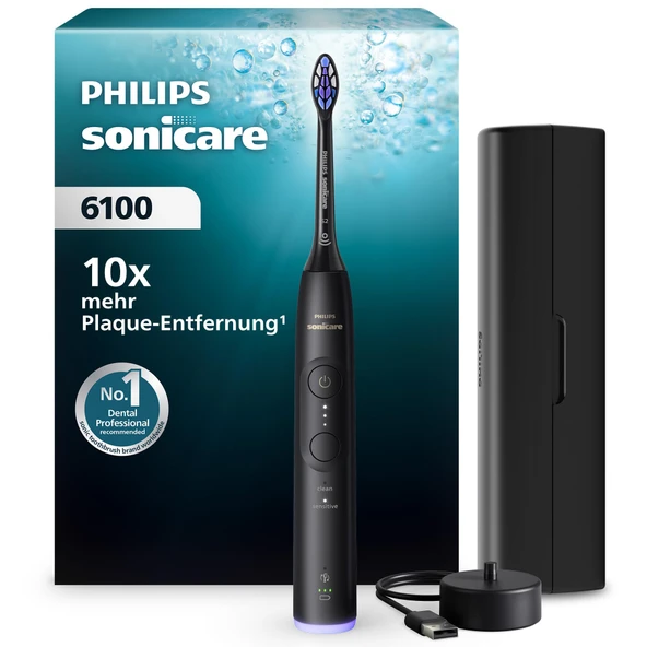 Philips Sonicare Series 6100 Elektrikli Diş Fırçası - Yeni Nesil Teknoloji, Basınç Sensörü, 6 Fırçalama Ayarı, SmarTimer, BrushPacer, 21 Günlük Çalışma Süresi, Seyahat Çantası, Siyah, HX7401/12 ürün görseli 1