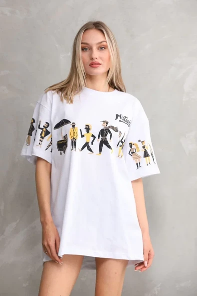 Unisex Bisiklet Yaka Baskılı Oversize T-shirt - Beyaz ürün görseli 1