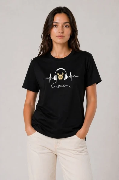Kadın Müzik Temalı Baskılı Tişört Bisiklet Yaka Kısa Kol T-shirt - Siyah ürün görseli 1