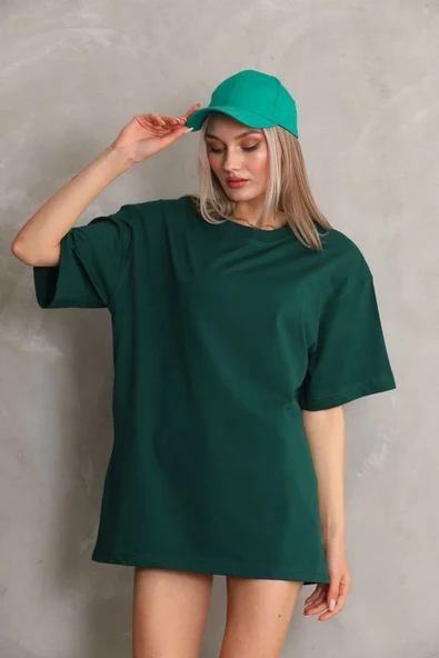 Kadın Düz A Kalite Pamuklu Penye T-shirt- Yeşil ürün görseli 1