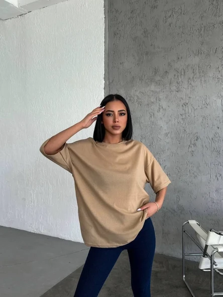 Kadın Düz T-shirt Kısa Kol Bisiklet Yaka Ovarsize Rahat Kalıp Günlük Tişört - Bej ürün görseli 1