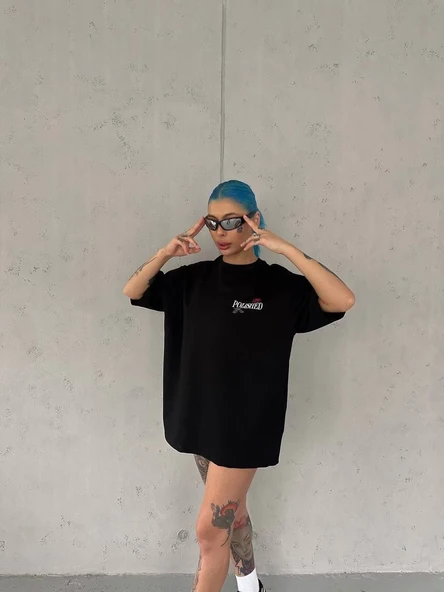 Kadın Bisiklet Yaka Baskılı Kısa Kol Oversize T-shirt - Siyah ürün görseli 1