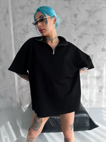 Unisex Yarım Fermuarlı Basic T-shirt - Siyah ürün görseli 1