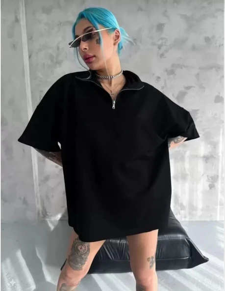 Unisex Yarım Fermuarlı Düz Oversize T-shirt - Siyah ürün görseli 1