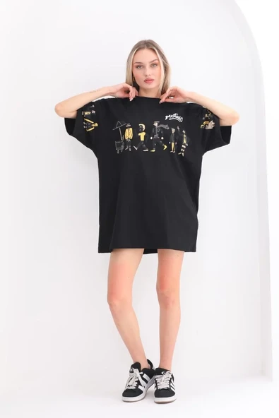Unisex Bisiklet Yaka Baskılı Oversize T-shirt - Siyah ürün görseli 1