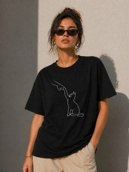 Kadın Minimal Kedi Çizim Baskılı Tişört Kısa Kol Yazlık T-shirt - Siyah ürün görseli 1
