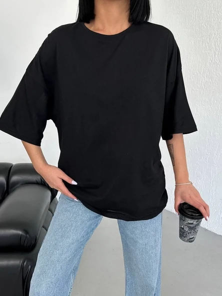 Kadın Düz T-shirt Kısa Kol Bisiklet Yaka Ovarsize Rahat Kalıp Günlük Tişört - Siyah ürün görseli 1