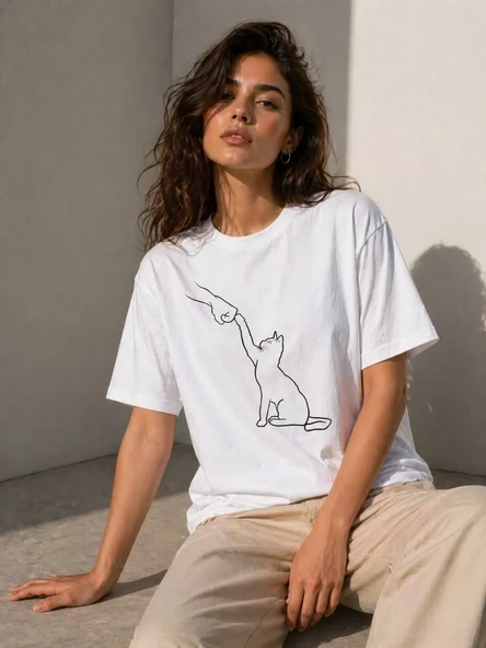 Kadın Minimal Kedi Çizim Baskılı Tişört Kısa Kol Yazlık T-shirt - Beyaz ürün görseli 1