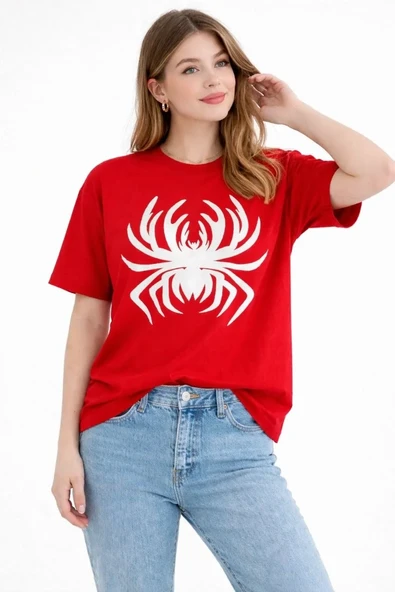 Kadın Örümcek Baskılı Tişört Kısa Kollu Bisiklet Yaka T-shirt - Kırmızı ürün görseli 1
