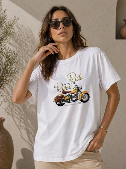 Kadın Motosiklet Baskılı Tişört Bisiklet Yaka Kısa Kol Yazlık T-shirt - Beyaz ürün görseli 1