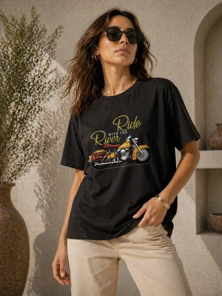 Kadın Motosiklet Baskılı Tişört Bisiklet Yaka Kısa Kol Yazlık T-shirt - Siyah ürün görseli 1