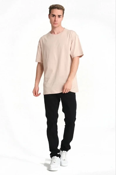 Erkek 24/1 Düz A Kalite Oversize T-shirt - Bej ürün görseli 1