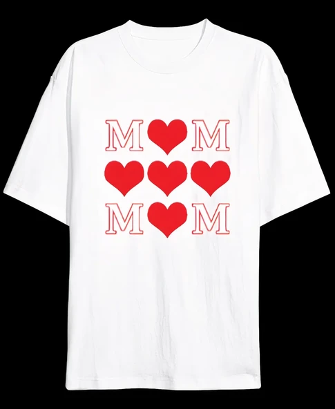 Anneler Günü Hediye Mom Kalp Baskılı Oversize Bisiklet Yaka T-shirt - Beyaz ürün görseli 1