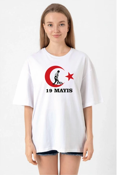 19 Mayıs Atatürk Gençlik Spor Bayramı Baskılı Bisiklet Yaka T-shirt - Beyaz ürün görseli 1