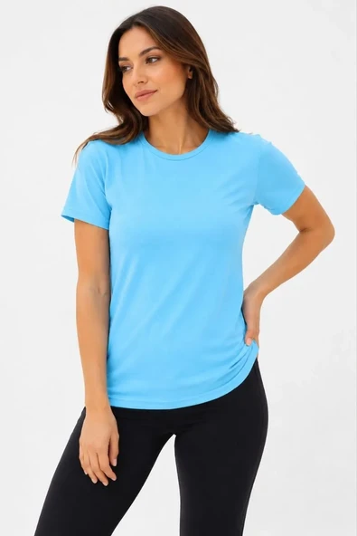 Kadın Basic Tişört Bisiklet Yaka Kısa Kol Günlük Yazlık Slim Fit T-shirt - Turkuaz ürün görseli 1