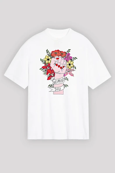 8 Mart Dünya Kadınlar Günü Baskılı Oversize Bisiklet Yaka T-shirt - Beyaz ürün görseli 1