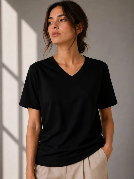 Kadın V Yaka Basic Tişört Kısa Kol Yazlık Regular Fit T-shirt - Siyah ürün görseli 1