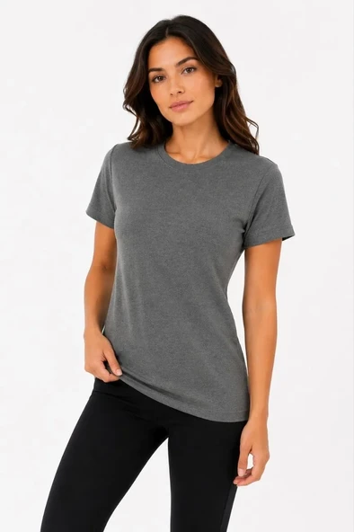 Kadın Basic Tişört Bisiklet Yaka Kısa Kol Günlük Yazlık Slim Fit T-shirt - Antrasit ürün görseli 1