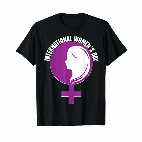 8 Mart Dünya Kadınlar Günü Baskılı Oversize Bisiklet Yaka T-shirt - Siyah ürün görseli 1