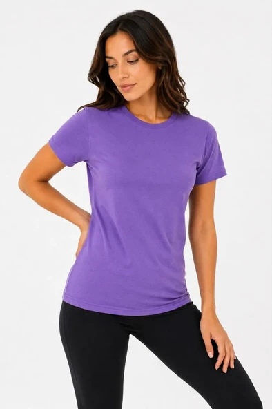 Kadın Basic Tişört Bisiklet Yaka Kısa Kol Günlük Yazlık Slim Fit T-shirt - Mor ürün görseli 1