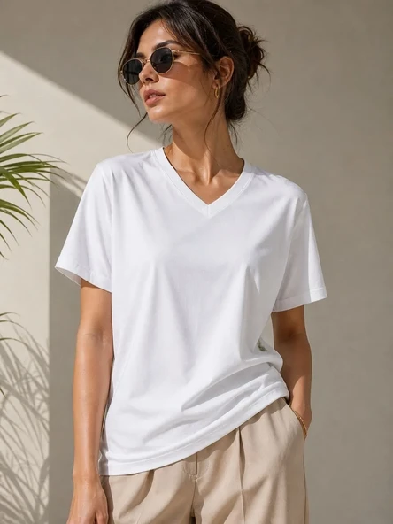 Kadın V Yaka Basic Tişört Kısa Kol Yazlık Regular Fit T-shirt - Beyaz ürün görseli 1