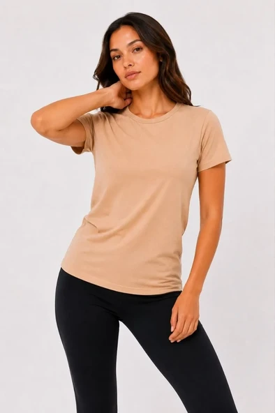 Kadın Basic Tişört Bisiklet Yaka Kısa Kol Günlük Yazlık Slim Fit T-shirt - Bej ürün görseli 1