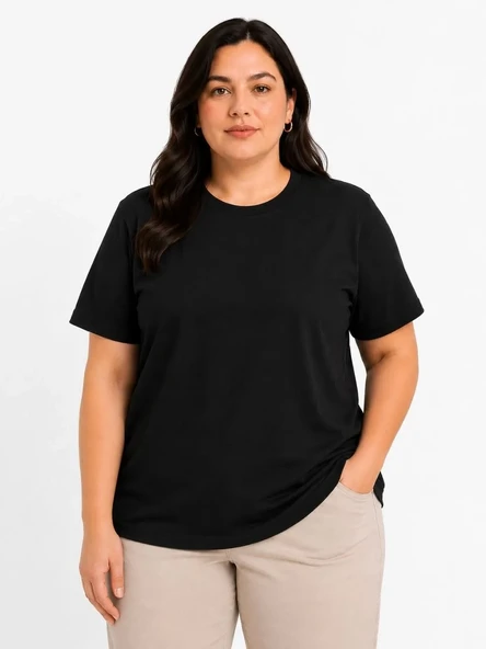 Kadın Battal Big Size Basic Tişört Bisiklet Yaka Rahat Kalıp T-shirt - Siyah ürün görseli 1