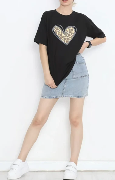 14 Şubat Sevgililer Günü Leopar Kalp Baskılı Oversize Bisiklet Yaka T-shirt - Siyah ürün görseli 1