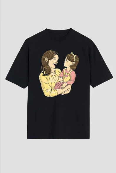 Anneler Günü Hediye Anne Kız Temalı Baskılı Oversize Bisiklet Yaka T-shirt - Siyah ürün görseli 1