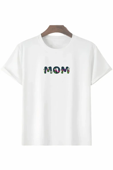 Anneler Günü Hediye Mom Çiçek Baskılı Oversize Bisiklet Yaka T-shirt - Beyaz ürün görseli 1