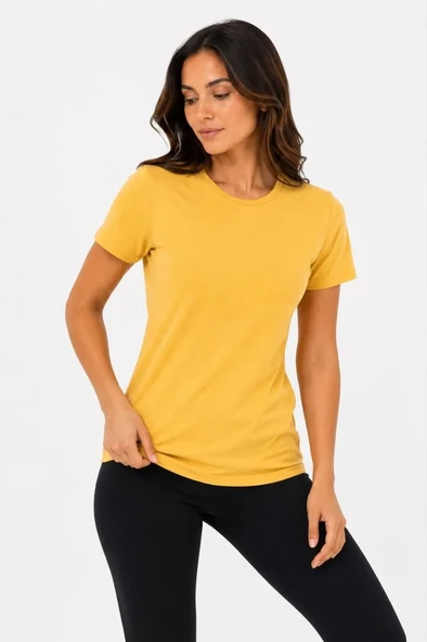 Kadın Basic Tişört Bisiklet Yaka Kısa Kol Günlük Yazlık Slim Fit T-shirt - Sarı ürün görseli 1